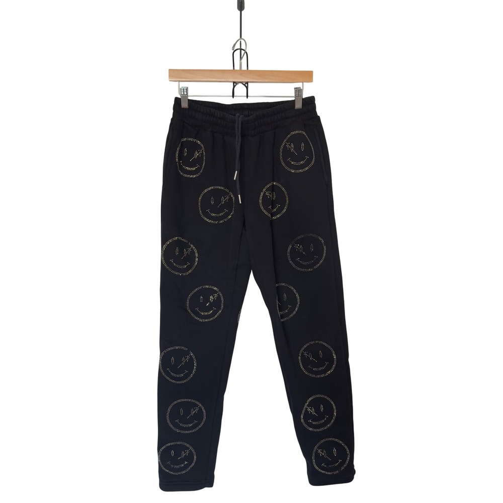 Retro Vert Men Medium Black All Over Rhinestones Smiley Face Sweatpants Indie